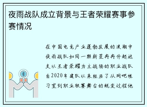 夜雨战队成立背景与王者荣耀赛事参赛情况